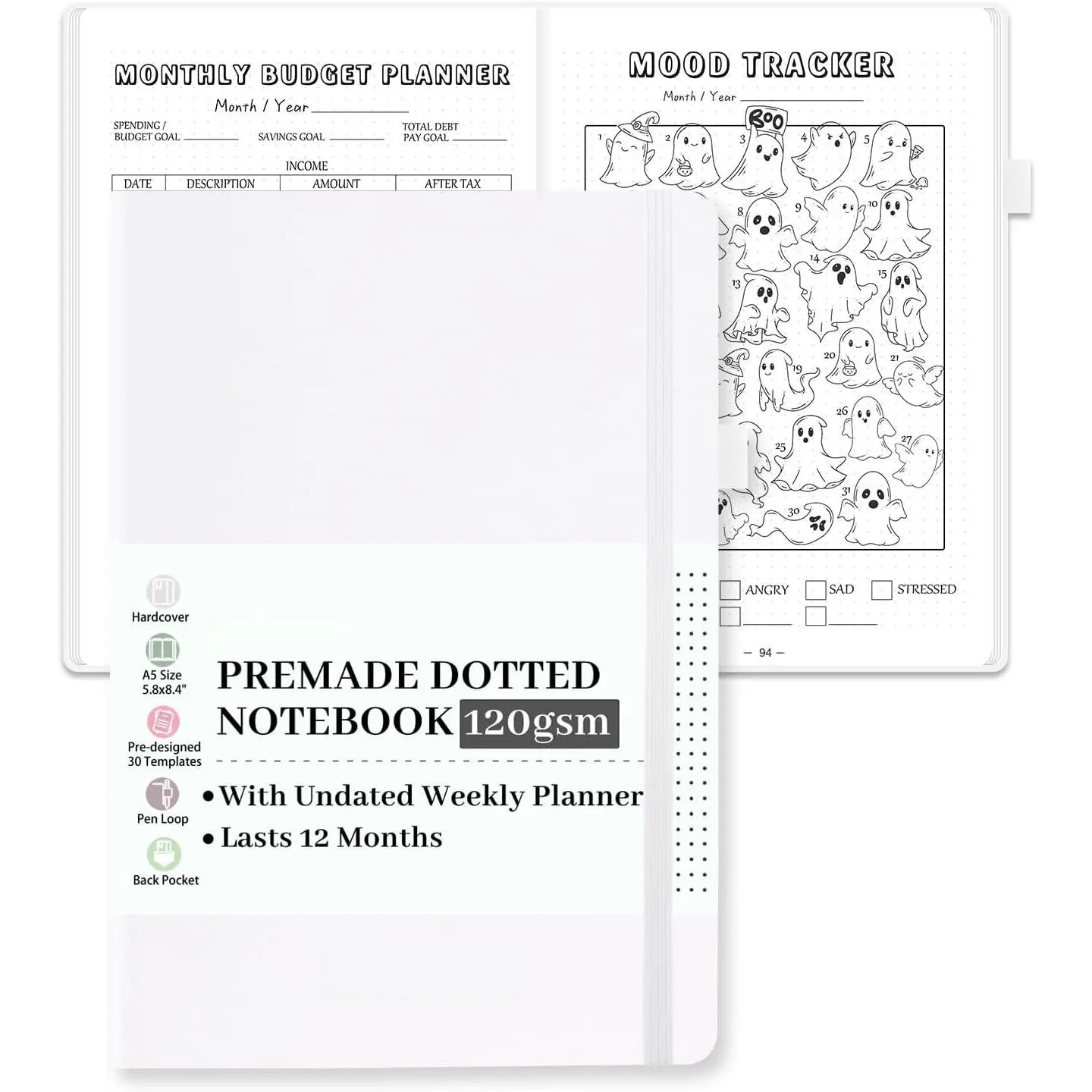 Premade Dotted Journal Notebook - A5 Size Vegan Leather Hardcover with Premade Pages, Dotted Layouts, Undated Weekly & Monthly Planner Templates, 12-Month Organization, 237 Numbered Pages, Undated Start