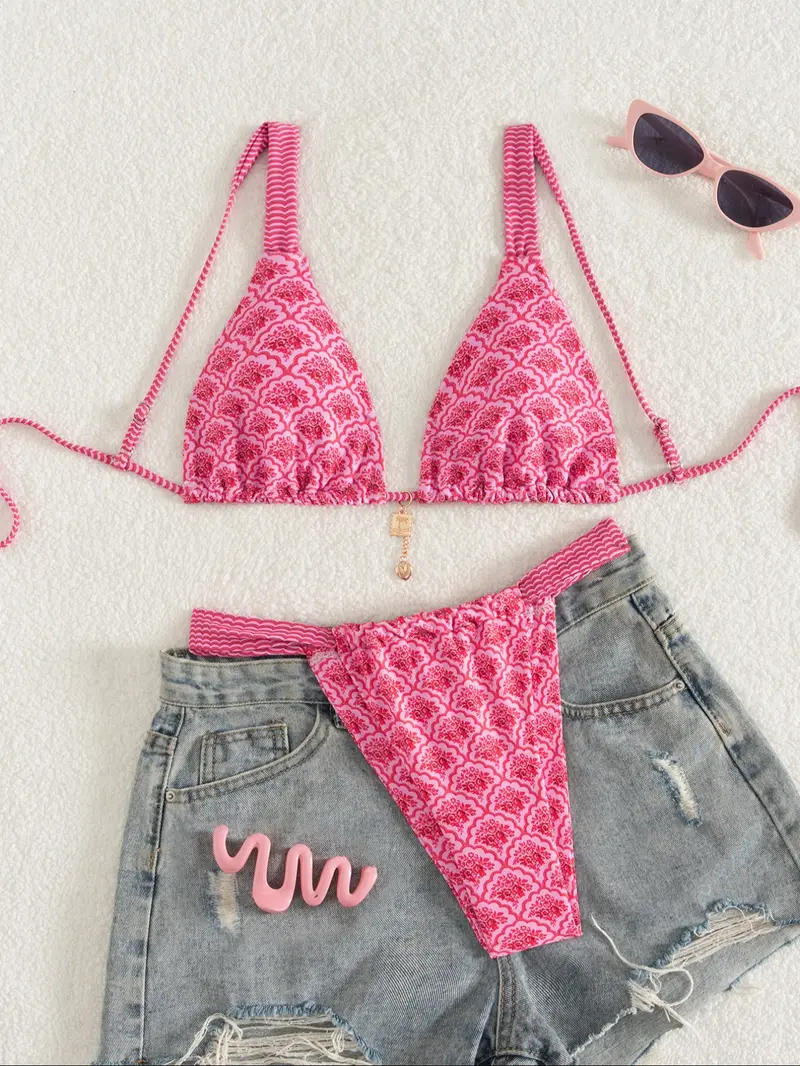 Women's Floral Print Bikini Set, Casual Fashion Chic Summer Swimsuit Set for Beach Holiday Vacation, Ladies Swimwear for All Seasons, Floral Print Swimsuits, Floral Bathing Suits, Bikinis Set