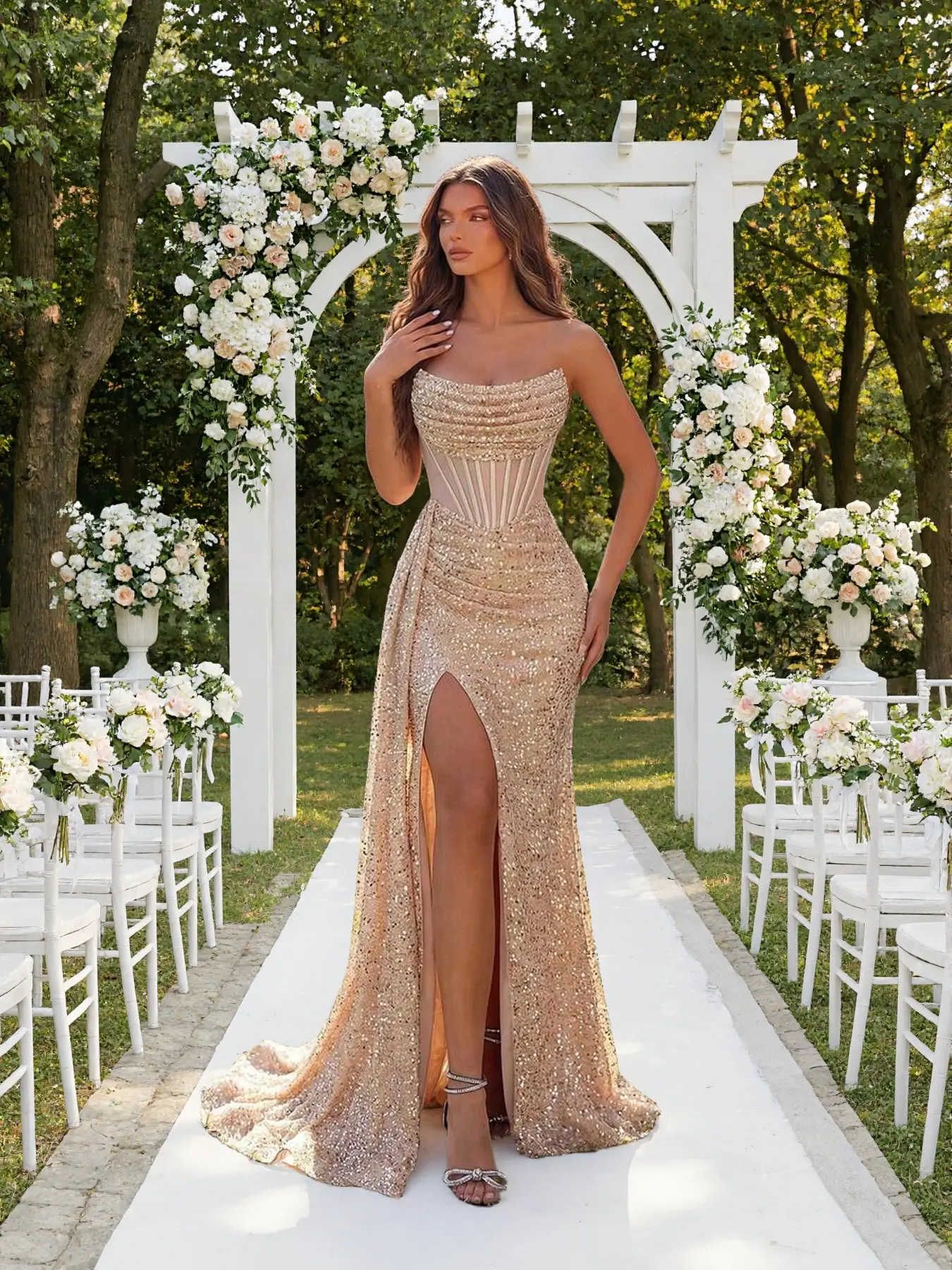 Strapless Pleated Ribbon Split Sequin Cocktail Party Dress, Long Maxi Ball Gown, Perfect for Dates, Wedding Guests, Formal Evening Events