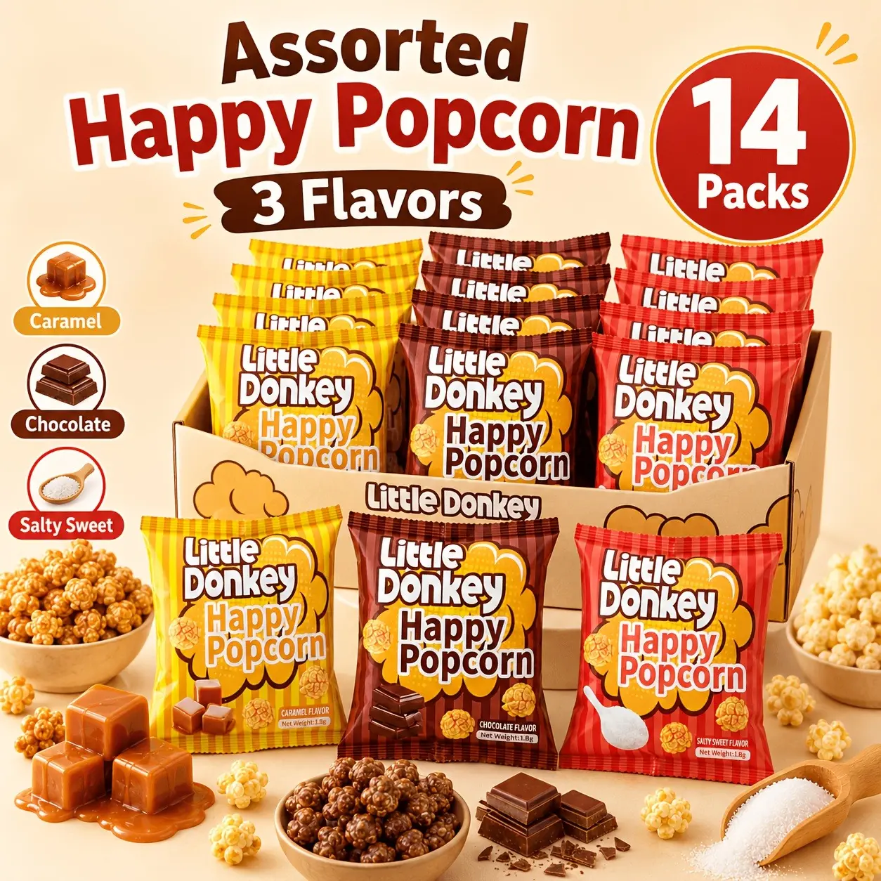 Great Value | 14 Bags of Mixed Popcorn | Caramel | Chocolate | Sweet & Salty | 3 Flavors | Individually Packaged | Crispy Snack Gift Box | Family Birthdays | Movie Nights | Party Favors | Sports Games | A Movie Night Must-Have |
