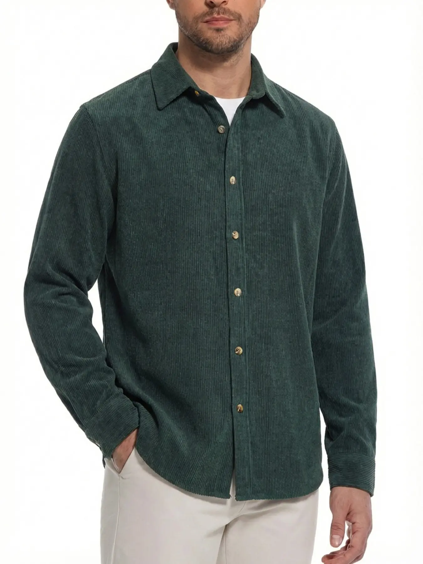 Men's Corduroy Button Shirt, Long Sleeve Casual Collared Blouse, Fall & Winter Solid Texture Outerwear, Regular Fit