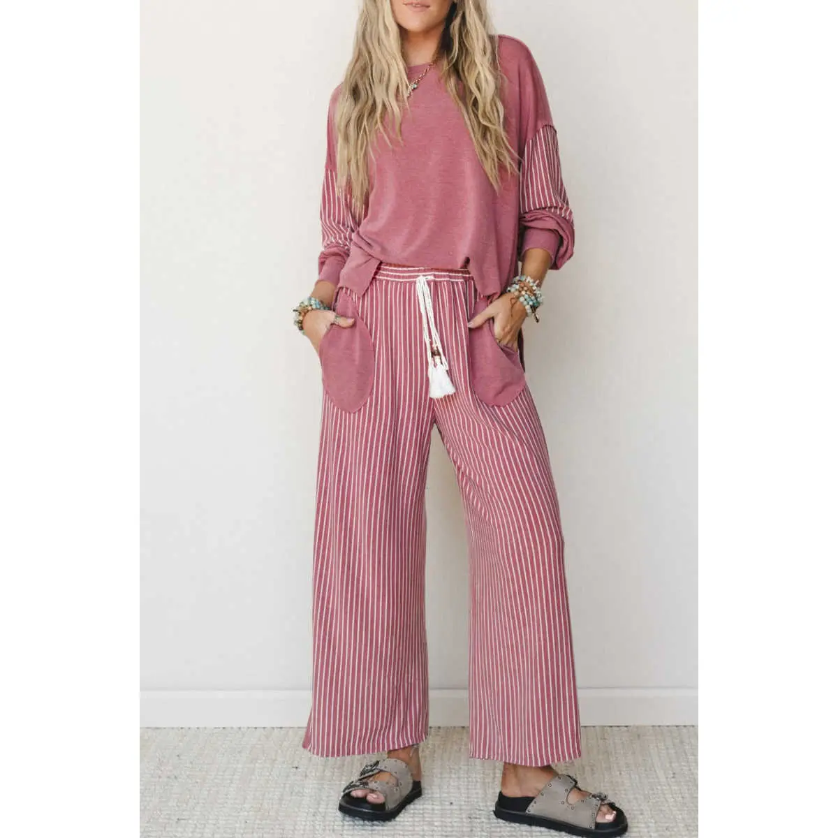 Fushia Raw Seam Patchwork Long Sleeve Top Pocket Casual Pants 2pcs Set