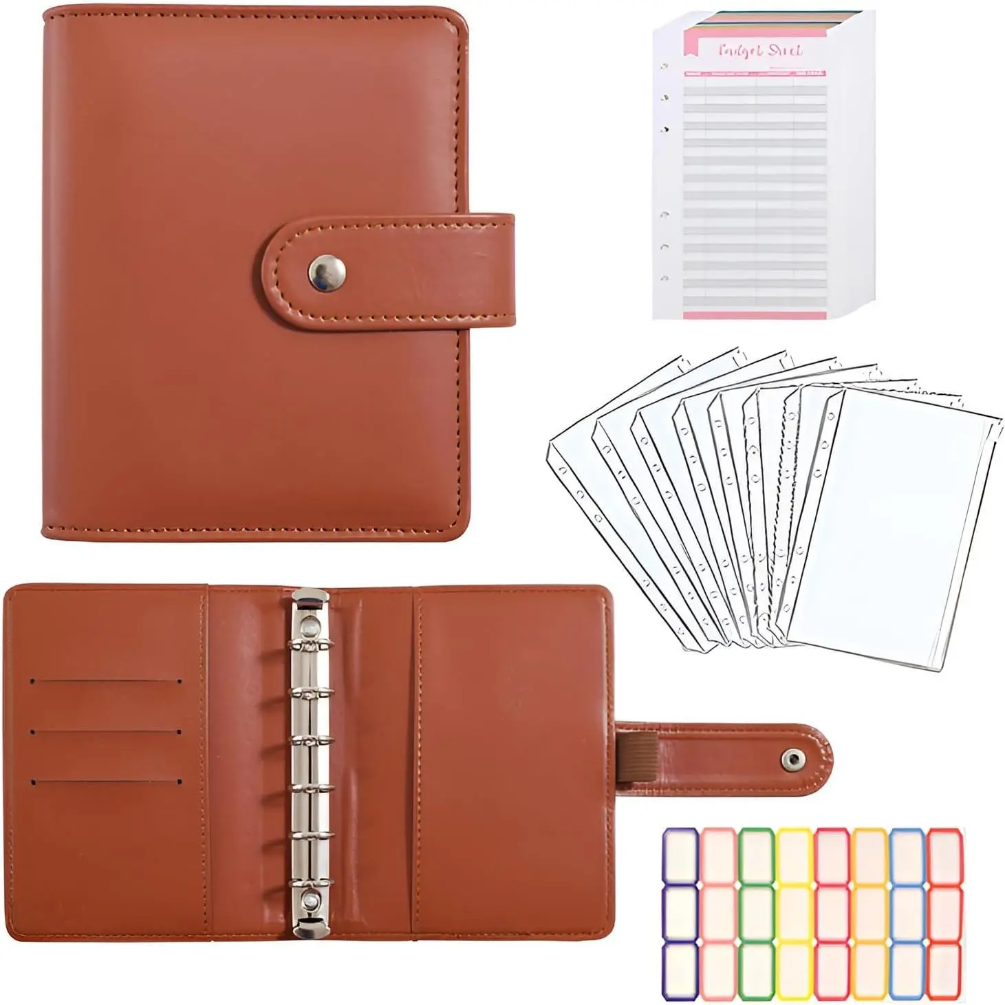 A7 Budget Binder Set - Mini  Organizer for  Saving,  Stuffing Envelope System, Planner Binders with Pockets, Sheets and Stickers, Brown