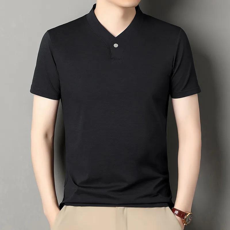 Kyn Apparel 2026 Korean Style Men's Casual and Fashionable One Button V-neck Solid Color Short Sleeved T-shirt Summer Versatile Top