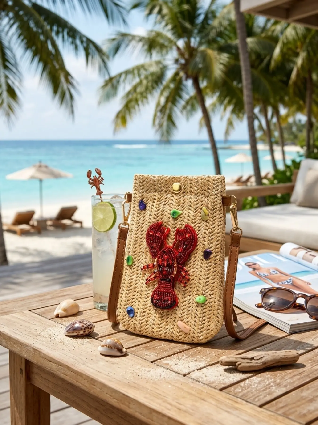 Handmade Summer Lobster Handbag for Women, Straw Beach Bag, Crossbody Fashion Bag, Crossbody Shoulder Bag, Designer Evening Bag, Travel Accessory