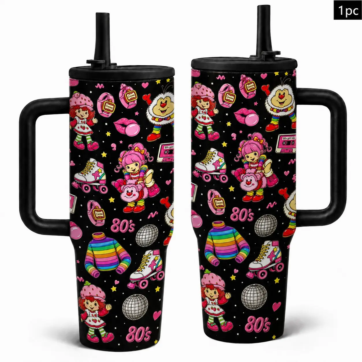 1PC 40oz 80s Retro Cartoon Girl Roller Skate Disco Pattern Insulated Tumbler with Handle & Straw, Double Wall Vacuum Leak-Proof Travel Mug, Hot 12H Cold 24H, Large Capacity Cup for Women Girls, Birthday Christmas Gift