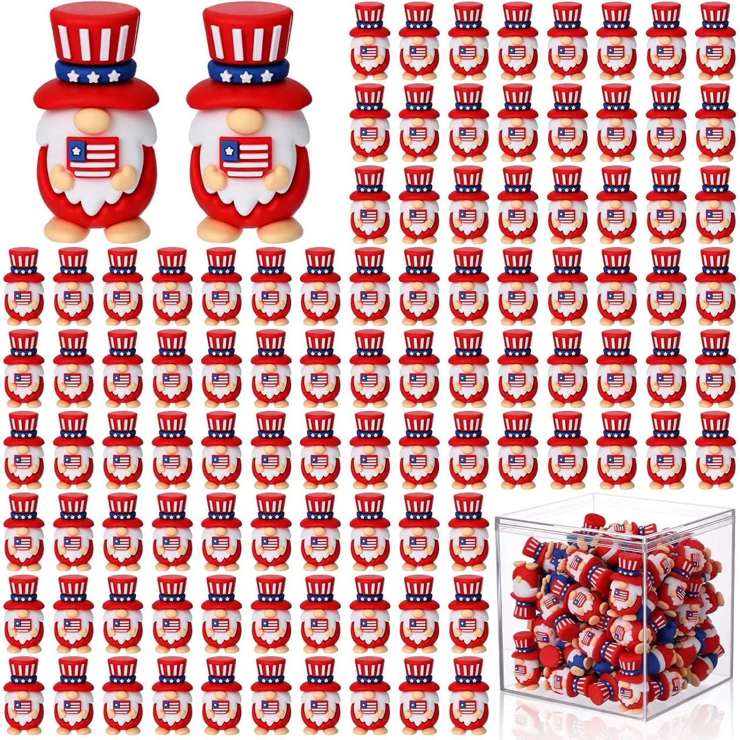 100-Count Traditional Patriotic 4th of July Mini Flag Gnome Set with Transparent Display Box, 1.4in Synthetic Funny Figures & Red White Blue Ornaments for Desks, Independence Day Party Favors