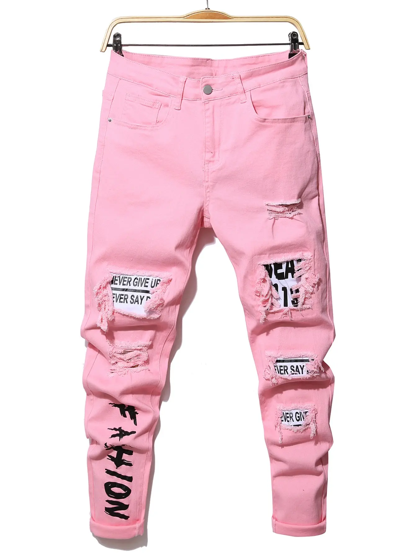 Letter Print Ripped Jeans, Heavy Wash Vintage Style, Patchwork Details, Layered Design, Trendy Denim Long Pants for Women