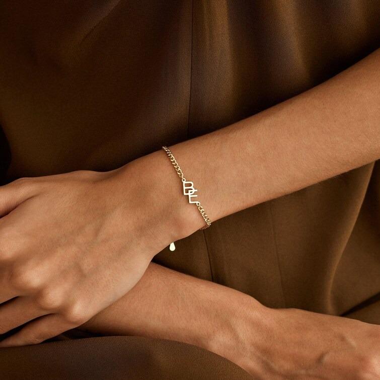 AS821 Personalized Custom Two Initials Bracelet Stainless Steel Cuban Chain Couple Bracelet Anniversary Gift for Men and Women