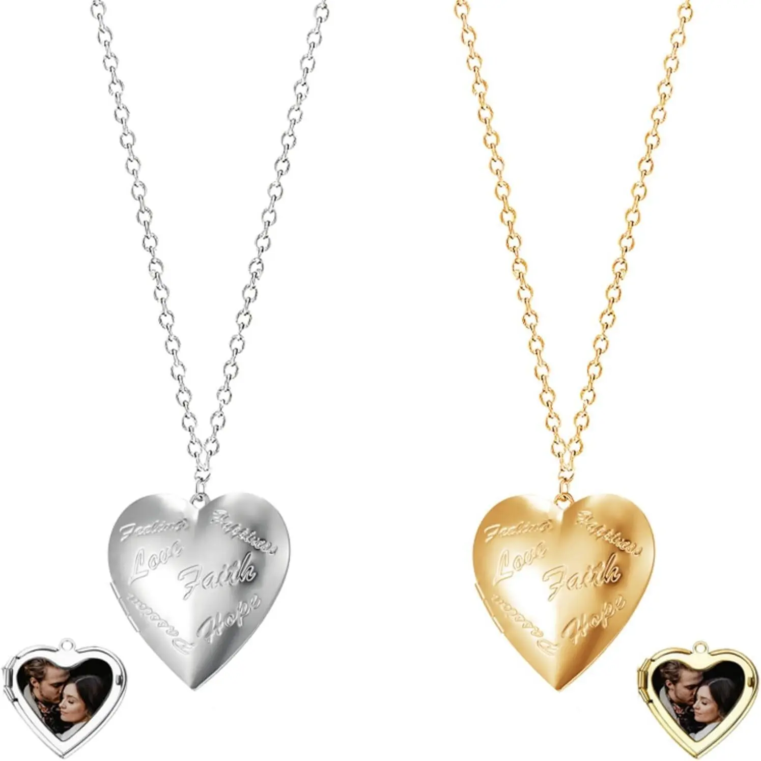 Engraved Heart Locket Necklace Set, Gold & Silver Vintage Photo Holder, Unisex 2-Piece Jewelry, Anniversary Gifts for Girlfriend