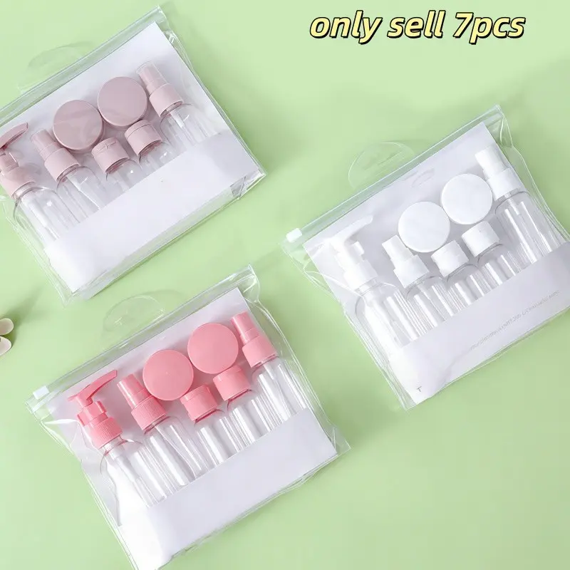7 Piece Portable Dispenser Set, Press/pump/spray Multi-Sizes, Leak-Proof, Transparent Body, Travel-Friendly, Ideal for Gym & Short Trips