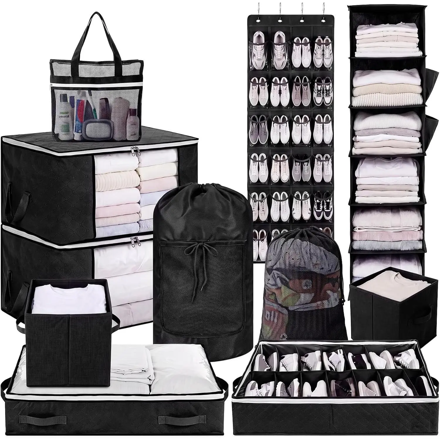11 count College Dorm Storage Set, Dorm Organizer Kit with Closet Organizer, Over Door Shoe Rack, Under Bed Storage Bags, Laundry Backpack, Shower , Collapsible Bins(Black)
