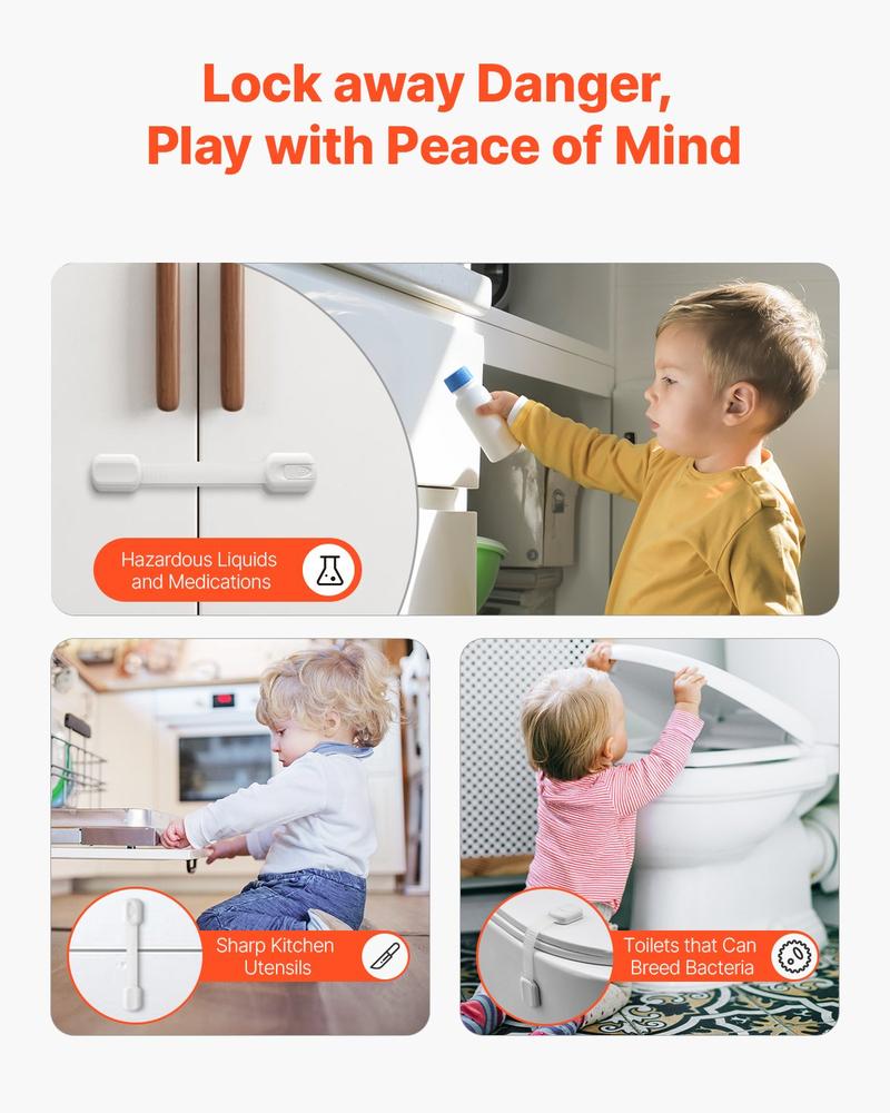 VEVOR Child Safety Strap Locks, 8 Packs Adjustable Baby Proofing Cabinet Locks, 3M Adhesive Cabinet Drawer Door Latches, No Drilling Required, for Fridge Dishwasher Toilet Seat Cupboard Oven Trash Can