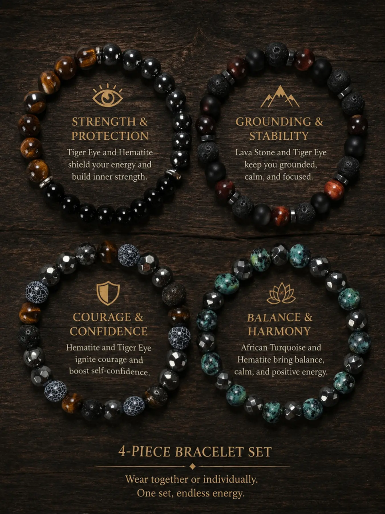 4Pcs Natural Stone Beaded Bracelet Set, Healing Energy Round Bead Wrist Bracelets, Healing Crystal Bracelet, Unisex Vintage Stackable Hand Accessory Gift