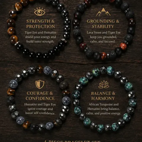 4Pcs Natural Stone Beaded Bracelet Set, Healing Energy Round Bead Wrist Bracelets, Healing Crystal Bracelet, Unisex Vintage Stackable Hand Accessory Gift