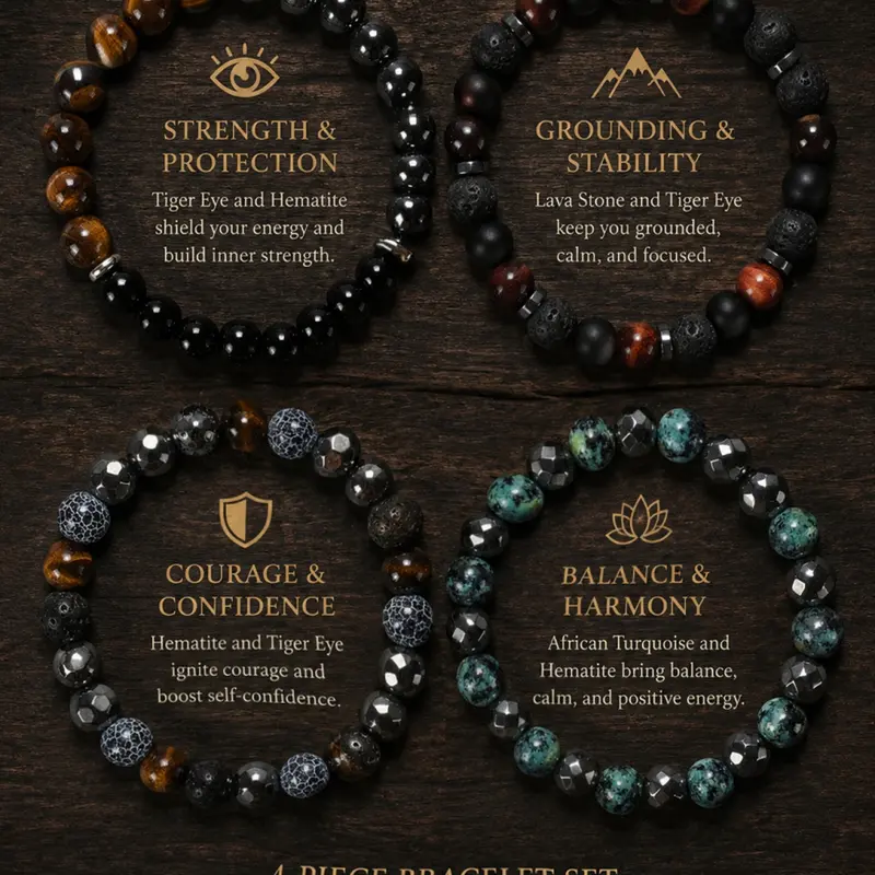 4Pcs Natural Stone Beaded Bracelet Set, Healing Energy Round Bead Wrist Bracelets, Healing Crystal Bracelet, Unisex Vintage Stackable Hand Accessory Gift