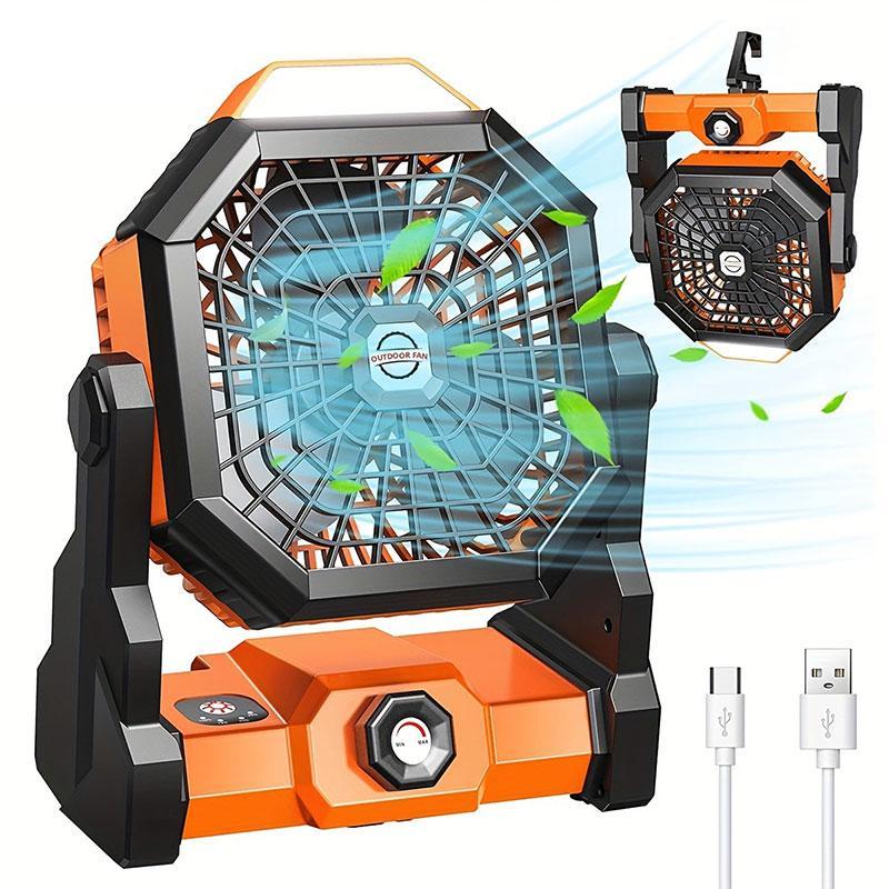 Outdoor Camping Adjustable Fan, Rechargeable Personal Fan with LED Lantern Illumination, Portable 270° Rotation Cooling Fan with Hook for Travel Picnic Fishing