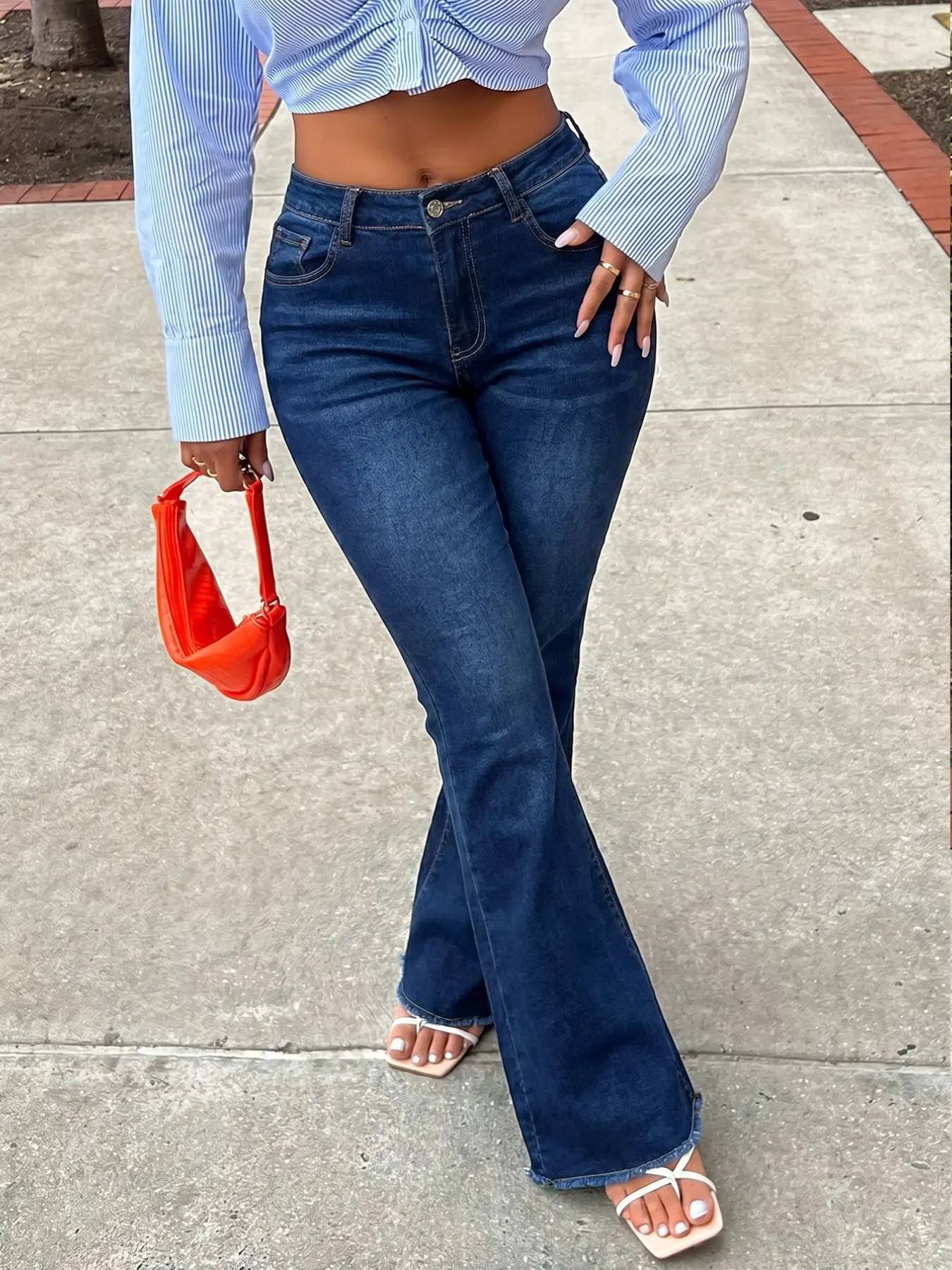 Women's Dark Wash Low Waist Jeans, American Retro Vintage Streetwear, High Stretch Raw Hem, Bootcut Flare Style, Urban Fashion