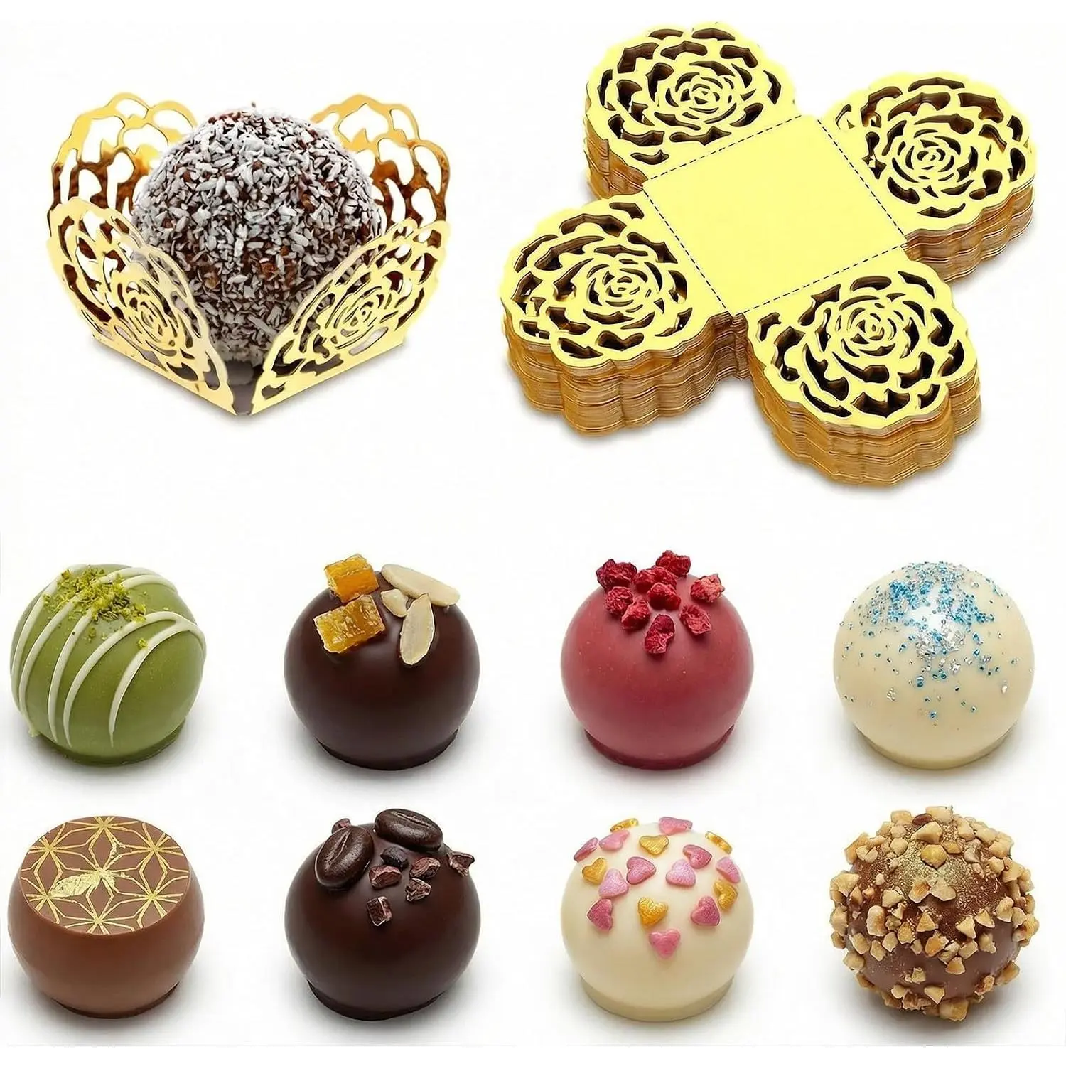 50 count 1.38 x 1.38 Inch Truffle Wrappers, Mini  Candy Cups | Greaseproof, Disposable Small Floret Paper Baking Liners, for Cupcakes, Muffins, Birthday, Wedding Decor