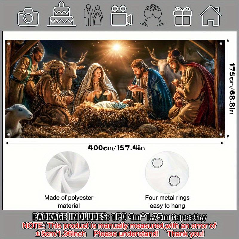 1 religious character nativity scene garage door banner Large polyester tapestry with Mary and Joseph outdoor holiday decoration, perfect for holiday and party atmosphere poinsettia artificial