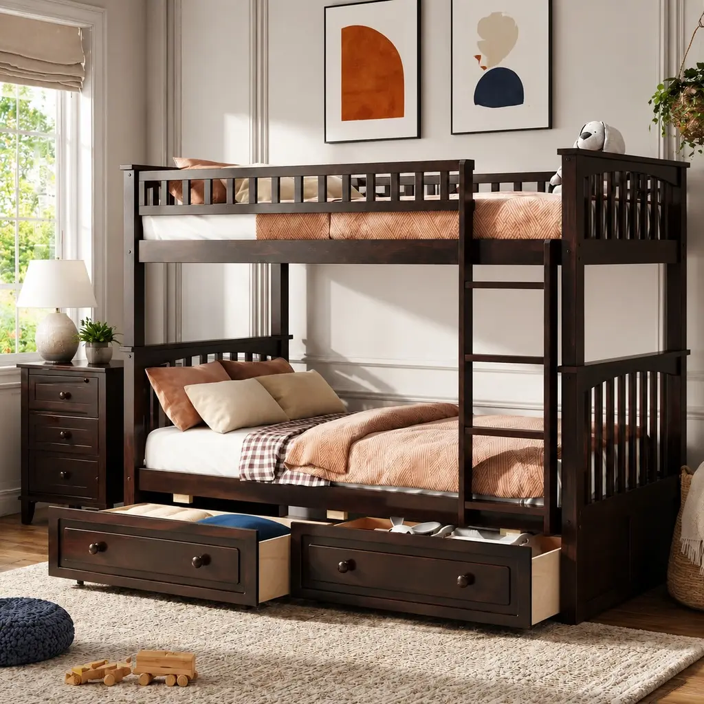 Twin-over-Twin Convertible Bunk Bed with Storage Drawers, Solid Pine Wood & MDF, Espresso Finish, 400lb Weight Capacity per Bed, Easy Assembly