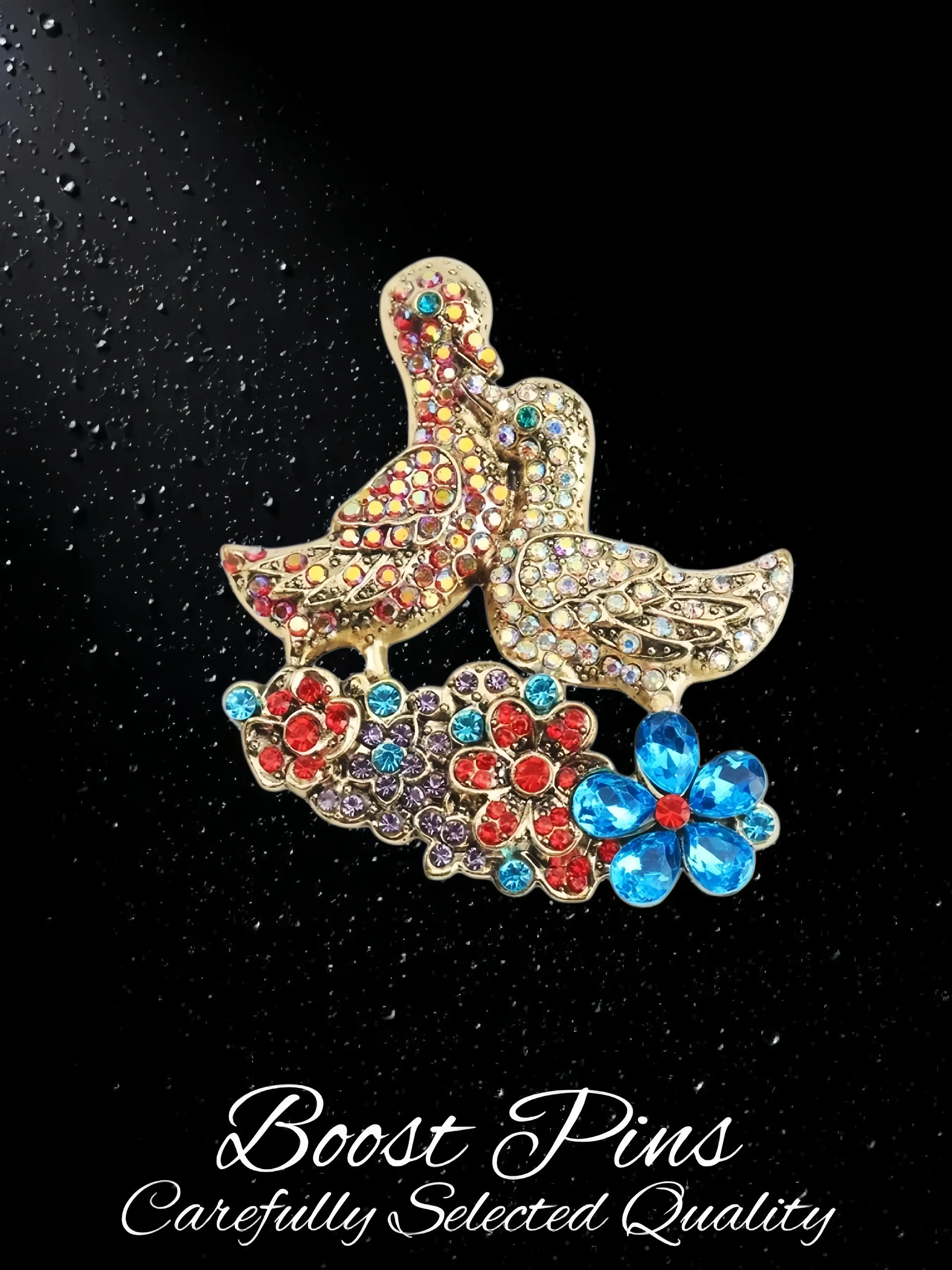 Antique Bronze Twin Mandarin Duck Floral Brooch Rainbow AB Rhinestone Crystal Flower Statement Women Vintage Love Animal Pin For Suit Coat Scarf Wedding Anniversary Birthday Holiday Gift For Couple Mom Friend
