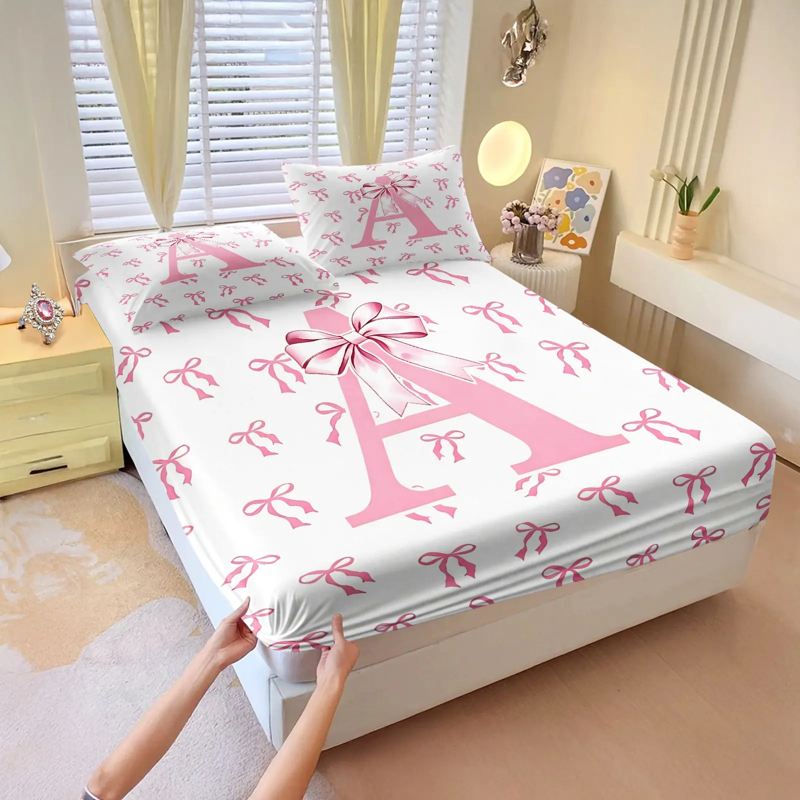 3Pcs Pink Bow Fitted Sheet Set, A-Z Alphabet Printed Bedding Sets, Decorative Bedsheet Sets, Comfortable and Durable Bed Sheet, Soft Comfy Bedding with Pillowcase, Bedding Sheets, Theme Bedding Set, Breathable Sheets, Filler Not Included