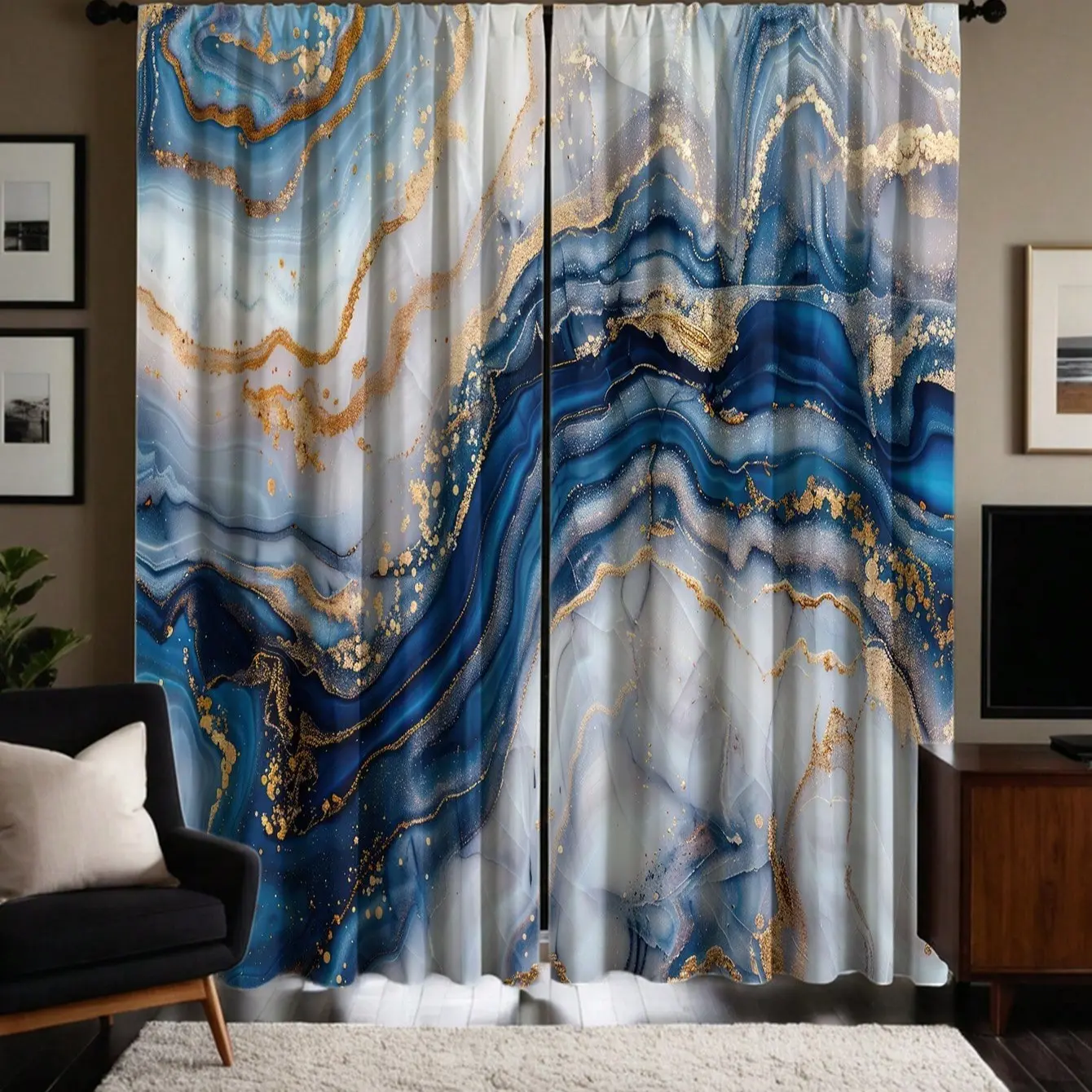 2-piece set - Luxurious light blue and gold marble pattern - Printed semi-transparent curtains, durable, can be machine washed daily without deformation or color fading, easy to maintain, suitable for living room, bedroom and home decoration.