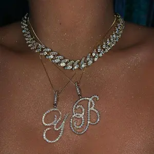 Fashion 26 Cursive Initial Letter Zircon Pendant Necklace For Women Shiny Crystal Alphabet Rope Chain Necklace Hip Hop Jewelry