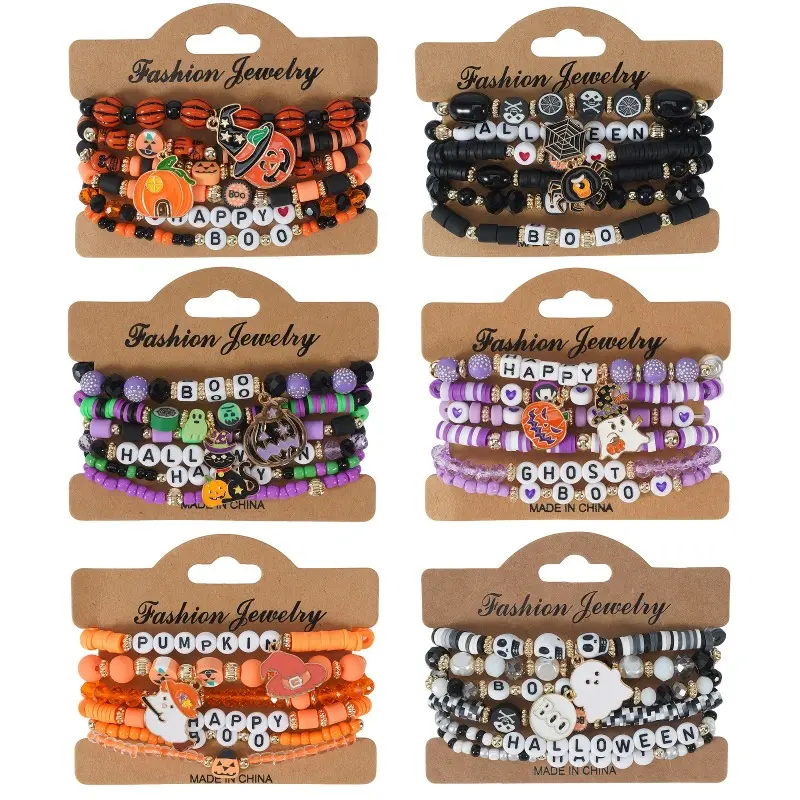 36Pcs Multi Style Halloween Bracelet Set, Suitable for Halloween Parties, Gift Giving, Halloween Funny Bracelets, Polymer Clay Elastic Bracelet Set - Including, Pumpkin, Bat and Skeleton Pendants, Orange Black Purple Color Matching