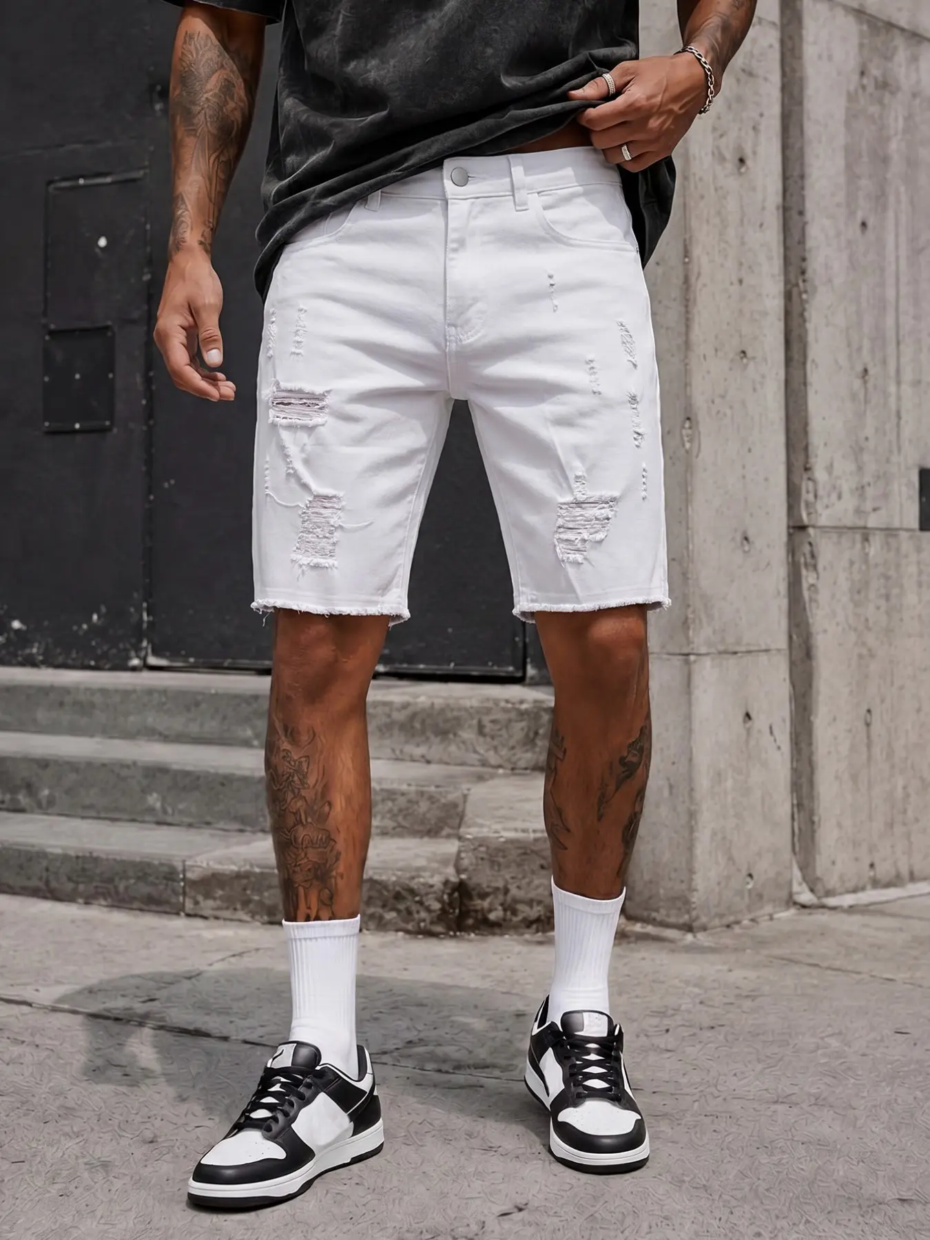 Men’s White Ripped Denim Shorts, Slim Fit Distressed Frayed Hem Jean Shorts for Summer Streetwear Denim Jeans Shorts