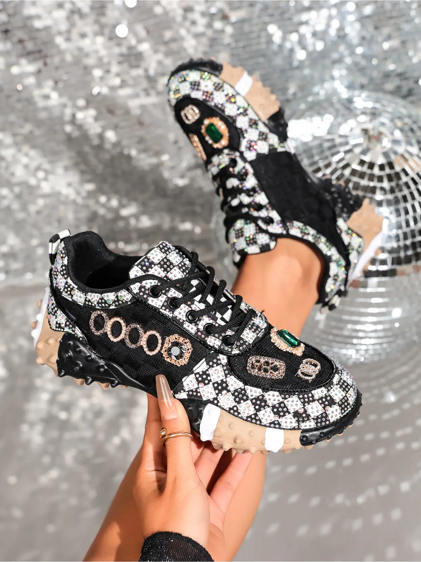 Ladies Black White Checkerboard Rhinestone Gem Chunky Dad Sneakers 3.5cm Spiked Lug Sole Black Lace Up Retro Party Street Glitter Casual Shoes