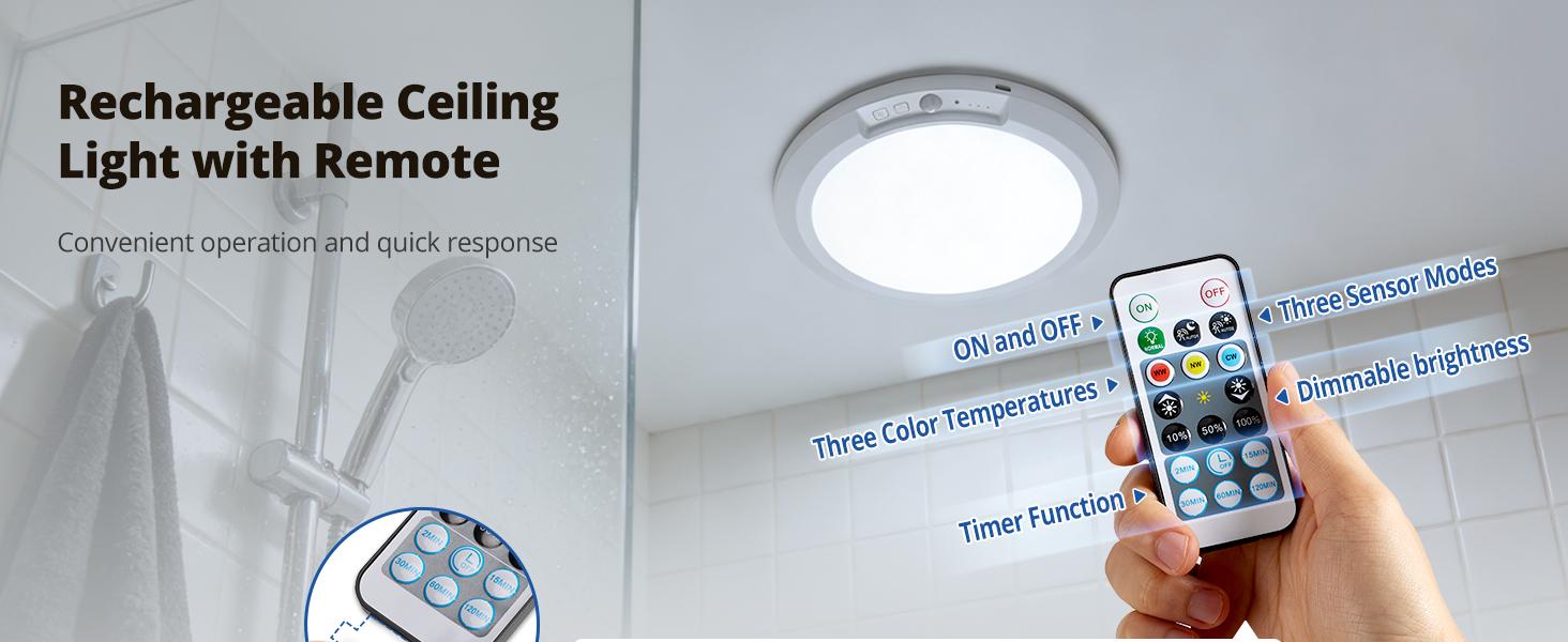 10000mAh Rechargeable Ceiling Light with Remote, 3 Color Temperatures & Brightness Dimmable, Wireless Ceiling Light with Magnetic Design, Battery Ceiling Light for Shower Hallway Pantry