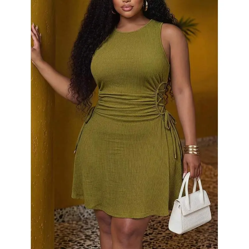 2026 Spring/Summer Plus Size Women's New Music Festival, Anniversary, Graduation, Versatile Basic, Cruise Travel, Sexy Beach, Elegant Romantic Classic Sleeveless Round Neck Waist Gathered A-Line Short Dress In Yellow-Green Textured Fabric