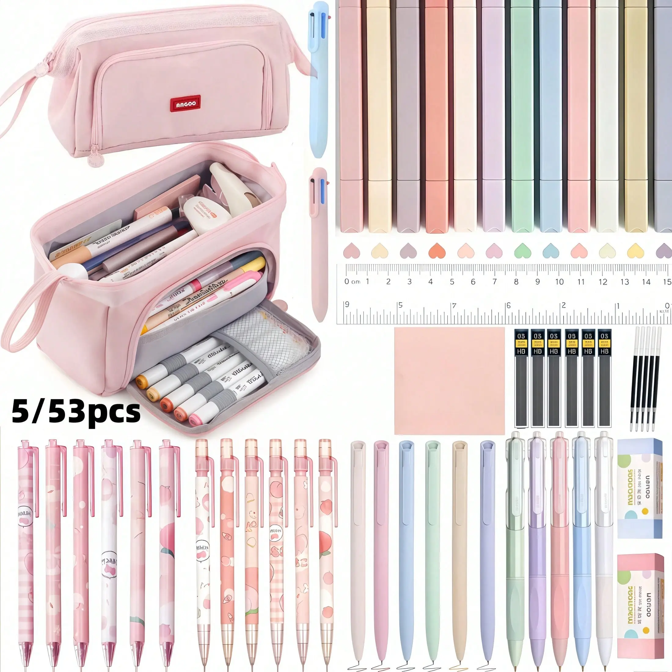 Morandi53PCS School Supplies, Cute Stationery Set, with Cute Pencil Case, 12 Color Pastel Highlighter, 11 Gel Pens, Mechanical Pencils 0.5mm, Lead Refills, for Writing, Erasers For Drawing, for Girls Boys Student, back to school