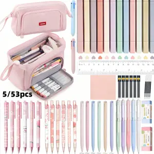 Morandi53PCS School Supplies, Cute Stationery Set, with Cute Pencil Case, 12 Color Pastel Highlighter, 11 Gel Pens, Mechanical Pencils 0.5mm, Lead Refills, for Writing, Erasers For Drawing, for Girls Boys Student, back to school