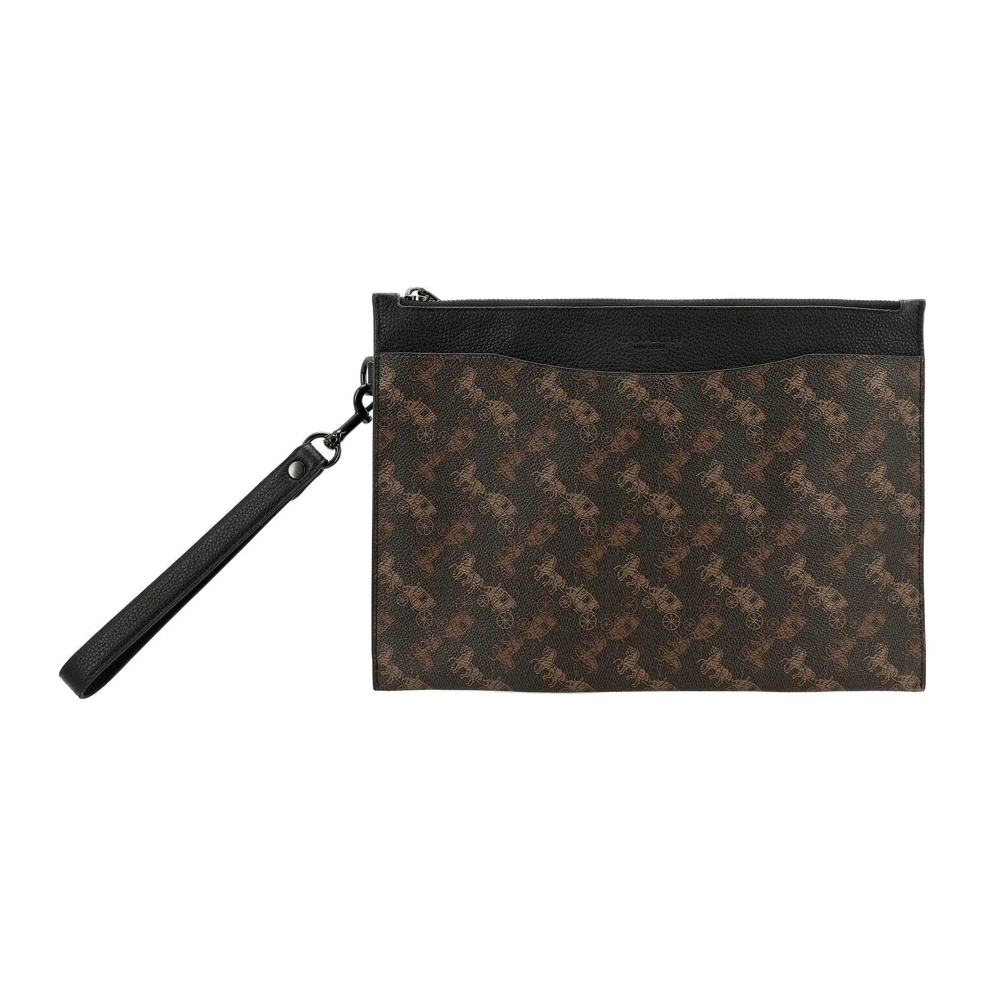 COACH Hitch Horse and Carriage Print Leather-Trimmed Coated Canvas Clutch Bag, Medium, Men’s, Dark Brown