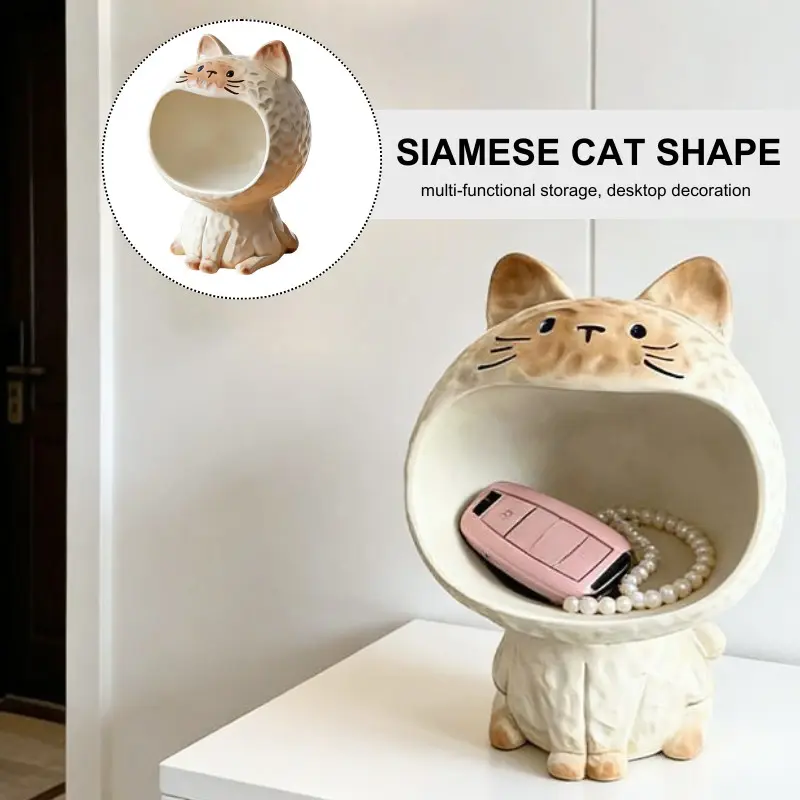 Siamese Cat Resin Figurine with Storage Tray, Creative Entryway Key Holder & Desktop Sundries Organizer, Decorative Home Ornament Resin Craft, Ideal Gift for Halloween & Cat Lovers