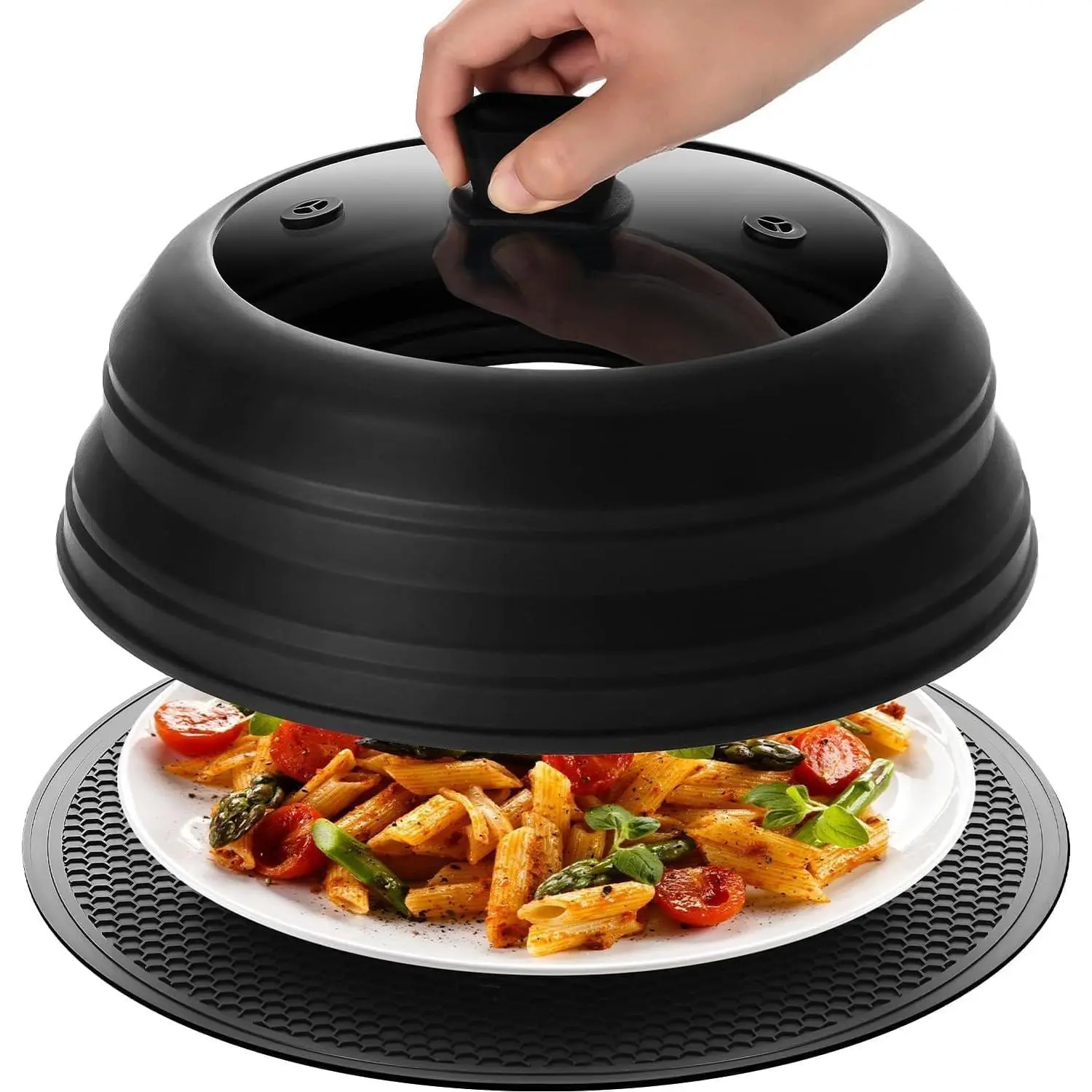 10.8 Inch Microwave Splatter Cover &  Mat | Lid with Collapsible , Fits 6-10 inch Pot Plate Bowl, Dishwasher Safe, Heat Resistant, , Kitchen, Black