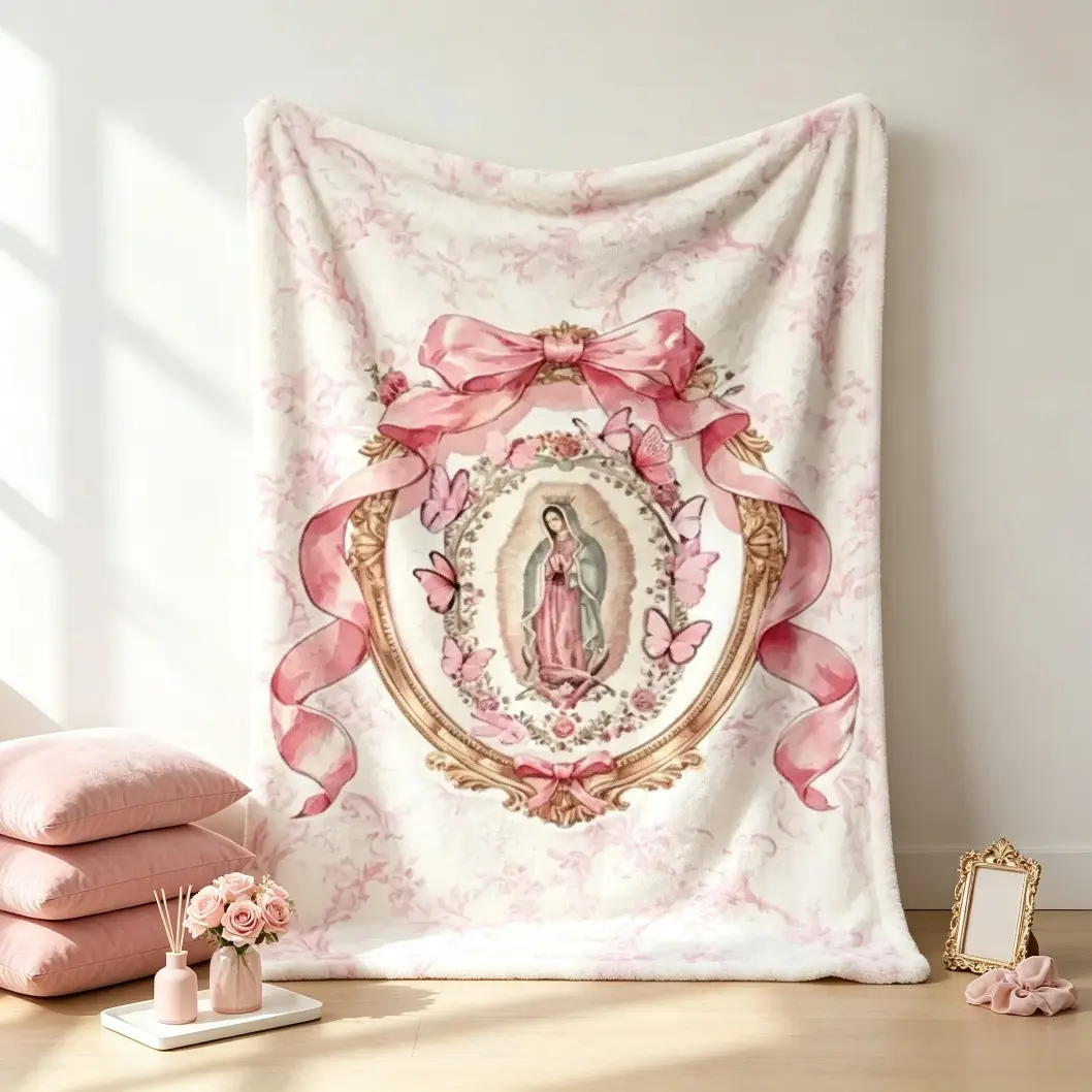 Virgin Mary Our Lady of Guadalupe Inspired Printed Flannel Blanket, Pink Bow Frame Religious Throw Blanket, Soft Cozy Lightweight Cover for Sofa Bed Home Decor, Birthday Christmas Gift for Adults Kids, Cooling Blanket, Blankets Bedding