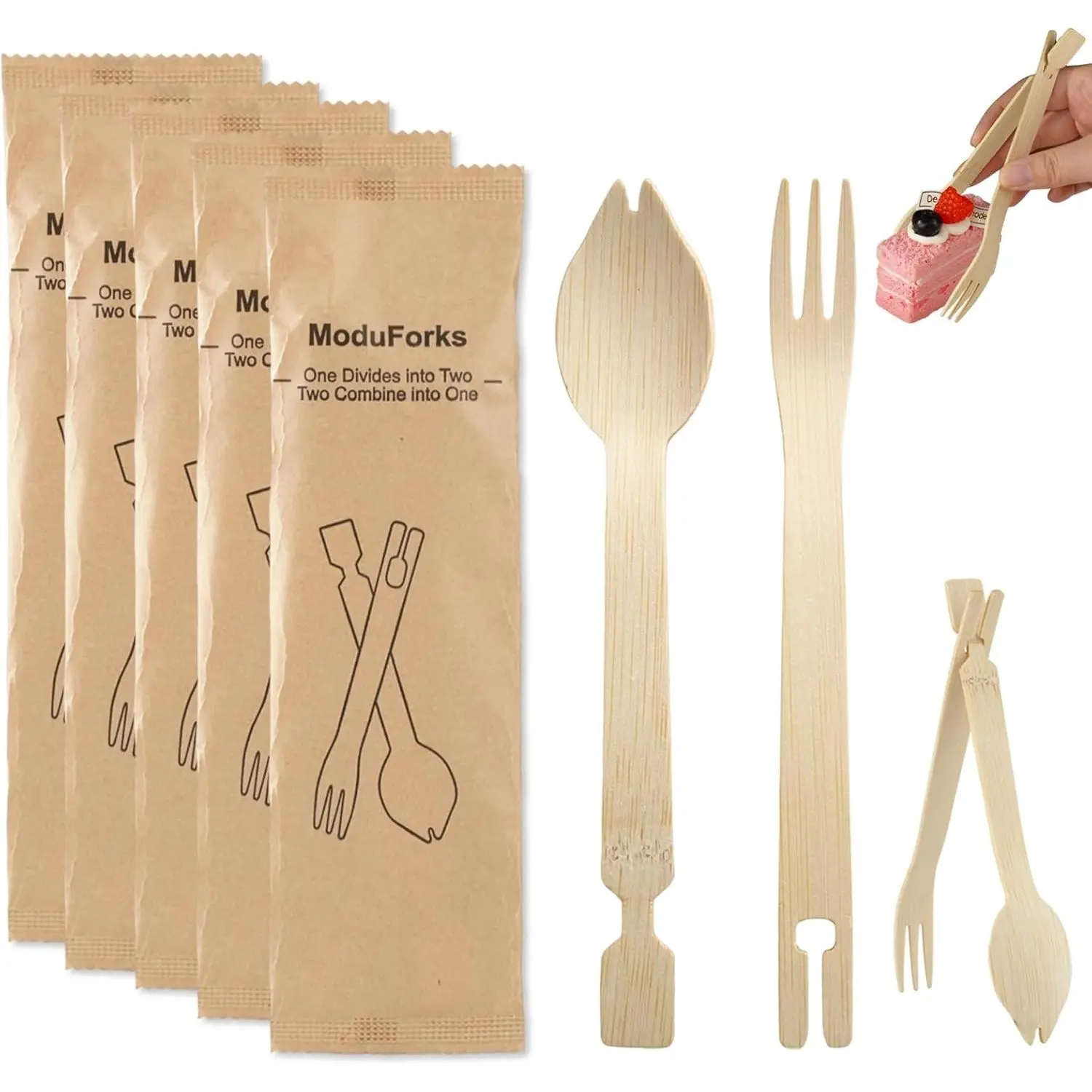 Forks Set, 30 Sets Disposable Cutlery (30  Forks, 30 Compostable Spoons), Detachable 3 in 1  Spoons and Forks, Multi-functional Chopstick Tongs
