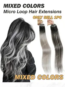 Micro Loop Human Hair Extensions in Grey Gradient - Offers a Natural Appearance, Soft Feel, Easy Installation, Long-Lasting Comfort for Daily Use, Hair Extensions for Women, Smooth Hairpiece, Reliable Attachment, Straight Ombre Gray Micro Ring Microlinks