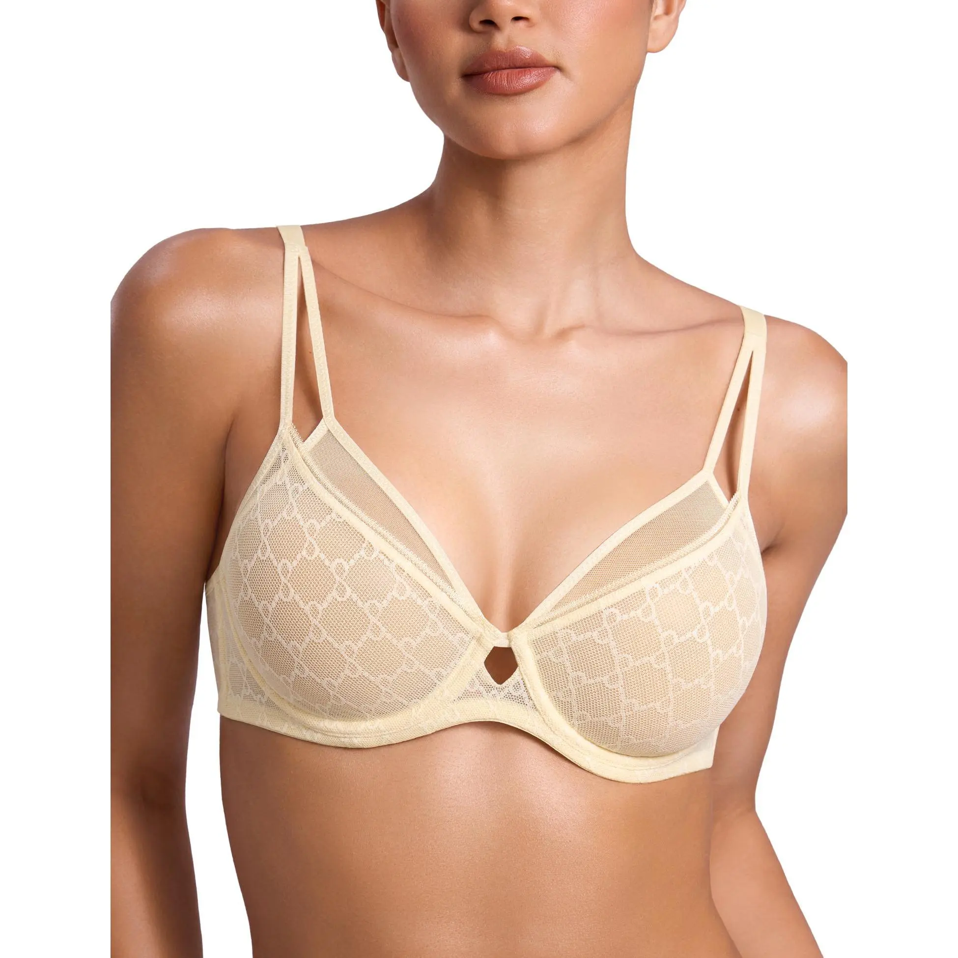 Deyllo Women's Sexy Sheer Mesh Balconette Bra - Underwire U-Back Unlined Lace, Halter Neck Lift Shape Style with Bra Detail for Women, Lift Shape Bra