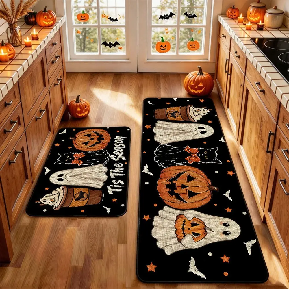 2Pcs Holloween Kitchen Rug Mat BOO! Terrifying Skeleton Horror Pumpkin Bat Spider Web Wizard Floor Mat Set Farmhouse Kitchen Rug Non Slip Restaurant Floor Dining Room Laundry Room Decor Carpet Mat Fall Decor Home Decor Rug