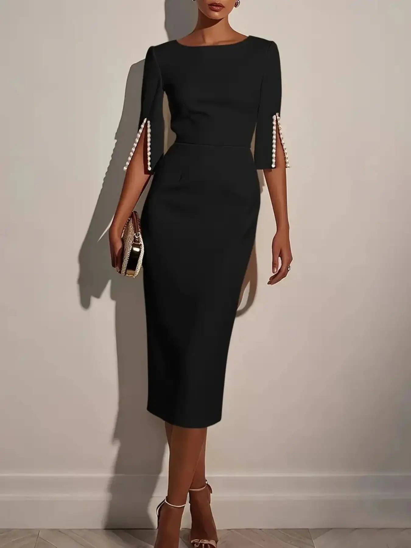 2026 Summer New Solid Color Commuter Beaded Fitted Slimming Elegant Dress, High-End Versatile Retro Style, Suitable for Office and Casual Outing