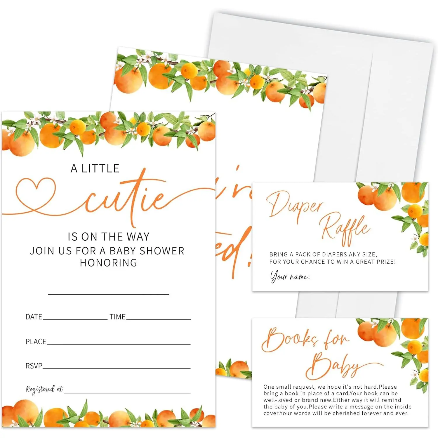Shower Invitation Set Of 25 - A Little Cutie Is  The Way - Orange Double-Sided Fill In Style Invites With Diaper Raffle & Book Request Cards -  , Announcement Party Decors -A01