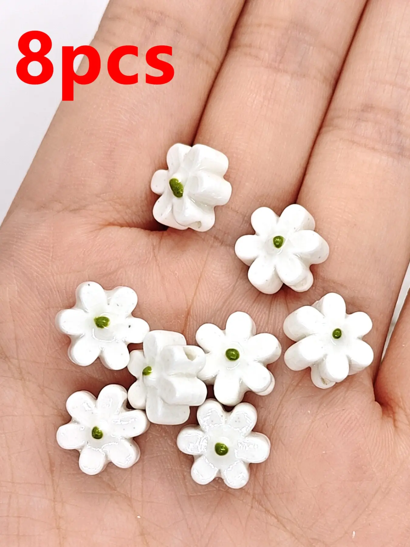 8pcs Green Daisy Ceramic Beads, Fresh Farmhouse Style, Handmade DIY Jewelry Accessories, Fashionable Plant Pattern, All Seasons