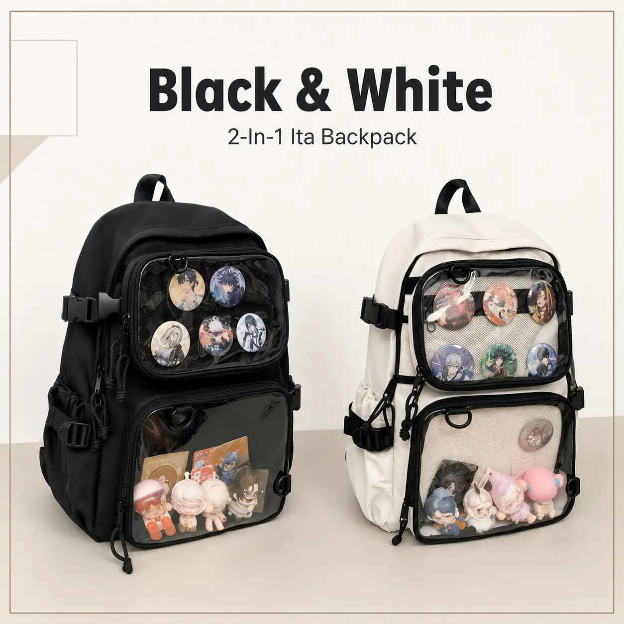 2-In-1 Ita Backpack With Detachable Waist Bag, Dual Clear Display Windows, Large Capacity Anime Pin Display School Bag, Black Or White