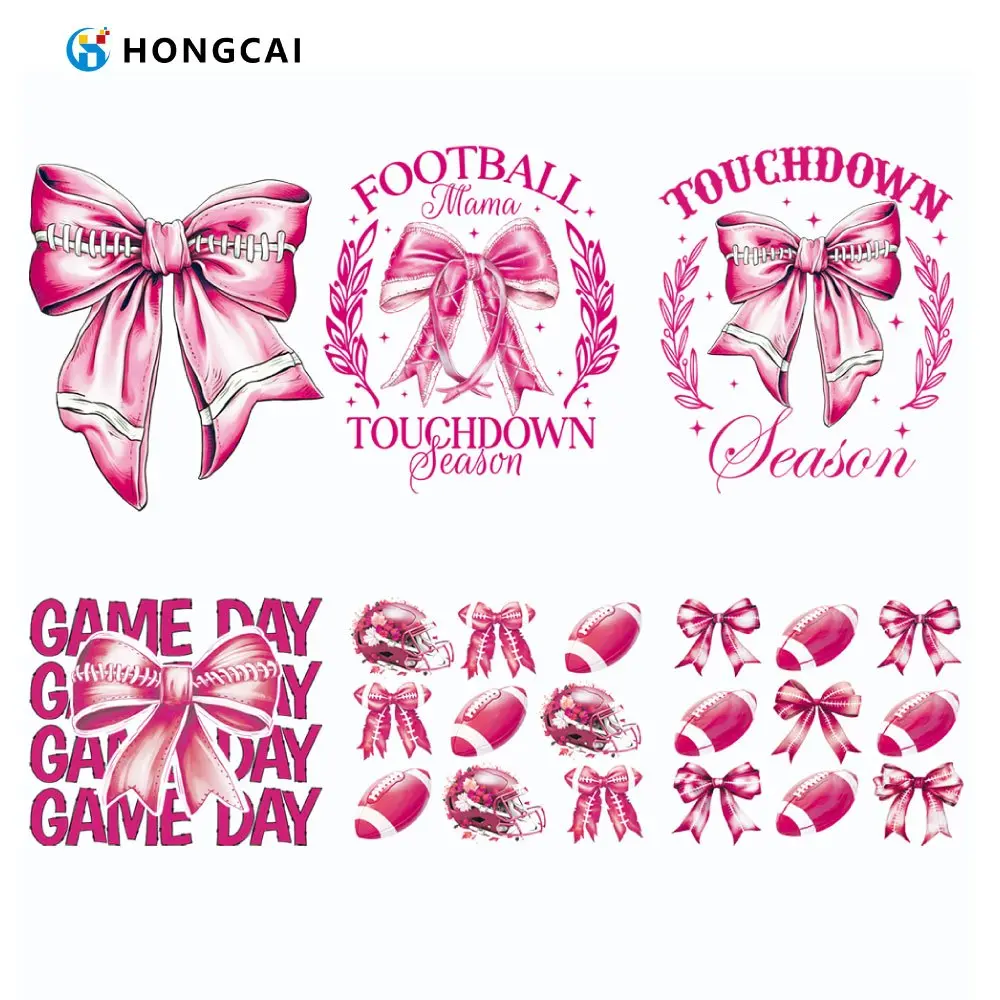 6-Pink Rugby Ironing Transfer Sticker Set with Rugby Stitch Bow Pattern, Touchdown Season Badge Text, Game Day Stacked Letters, with Mini Helmet and Ball, Complete Collection for Team Festive Clothing and Fall Outfits