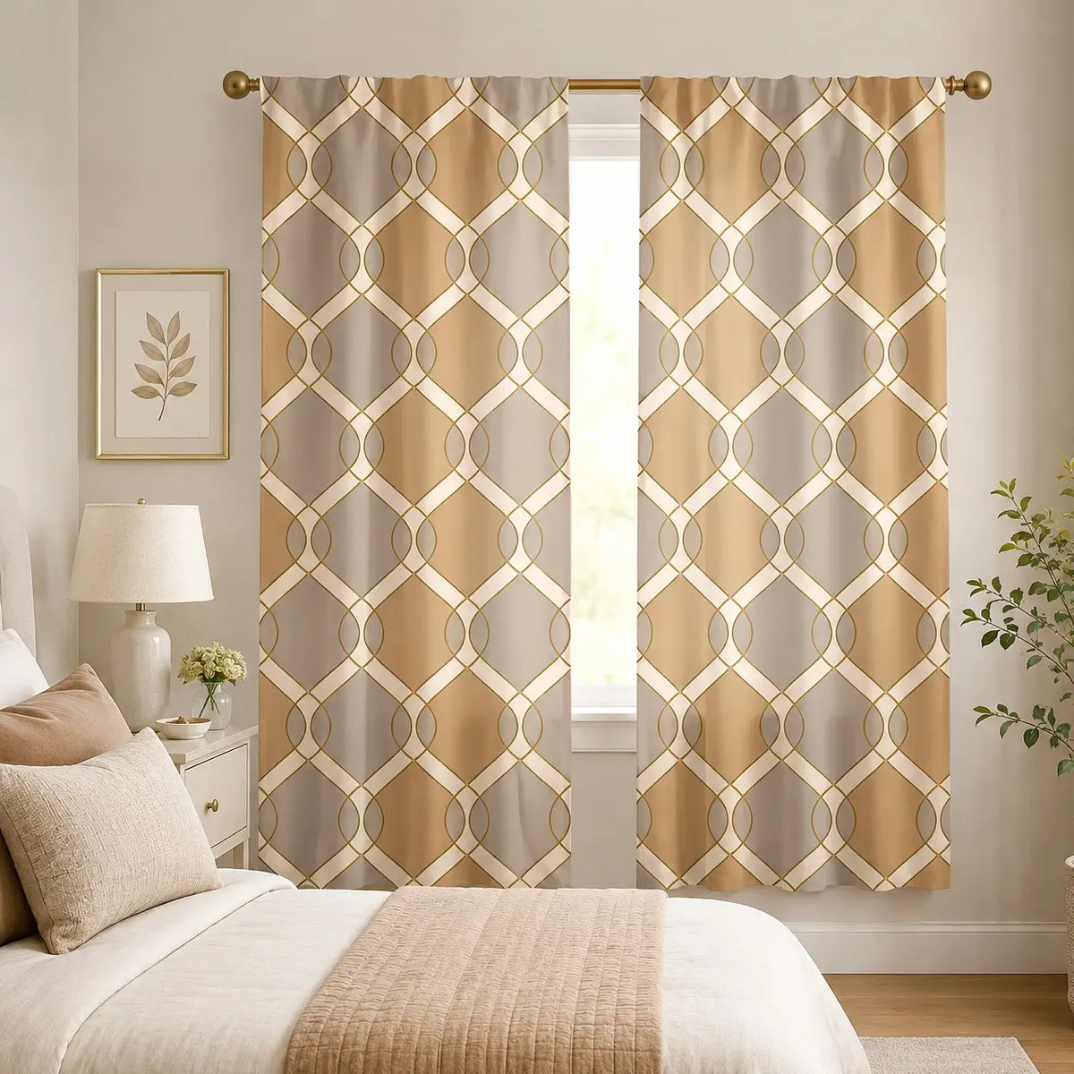 2pcs Brown-grey with gold trim, diamond-patterned semi-blackout curtains. High-end fabric curtains for living rooms and bedrooms, made of polyester, suitable for bedrooms, kitchens, studies, etc. Semi Shading Curtain